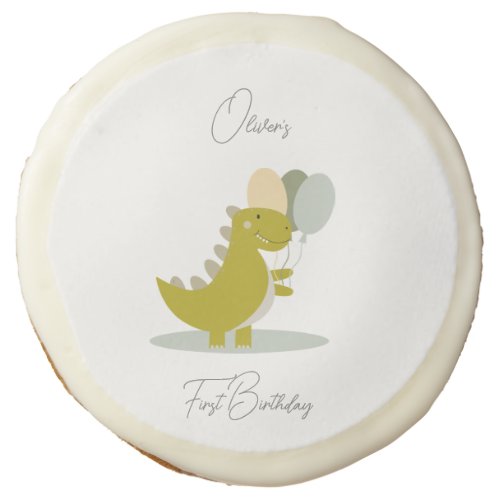 Dinosaur Yellow Green Grey First Birthday Sugar Cookie