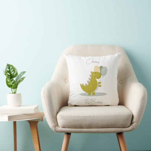 Dinosaur Yellow Green Grey First Birthday Throw Pillow