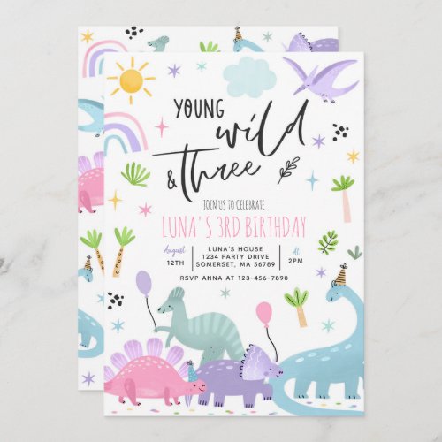 Dinosaur Young Wild And Three 3rd Birthday Party Invitation