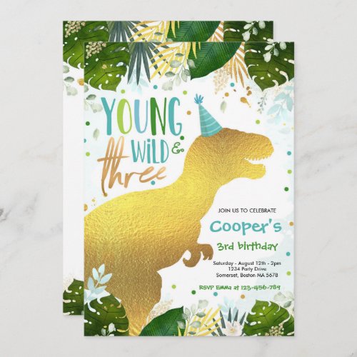 Dinosaur Young Wild And Three Dinosaur Birthday Invitation