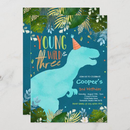 Dinosaur Young Wild And Three Dinosaur Birthday Invitation