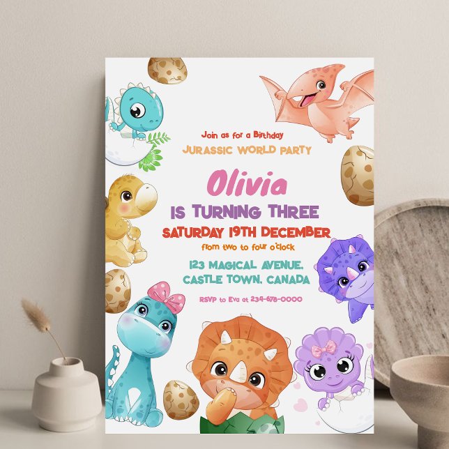 Dinosaurs 3rd Girl Birthday Party Invitation (Creator Uploaded)