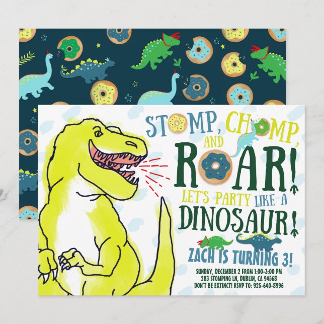Dinosaurs and Donuts Birthday Party Invitation (Front/Back)