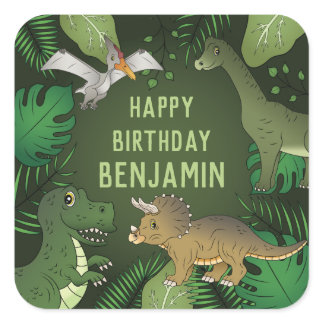 Dinosaurs And Green Plants Kid's Happy Birthday Square Sticker