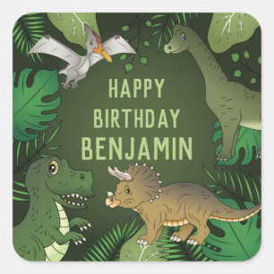 Dinosaurs And Green Plants Kid's Happy Birthday Square Sticker