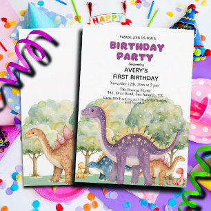 Dinosaurs and Trees Colorful 1st Birthday Party Invitation