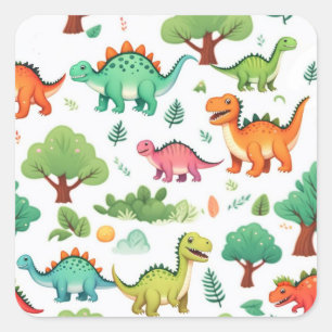 Dinosaurs and trees pattern white square sticker