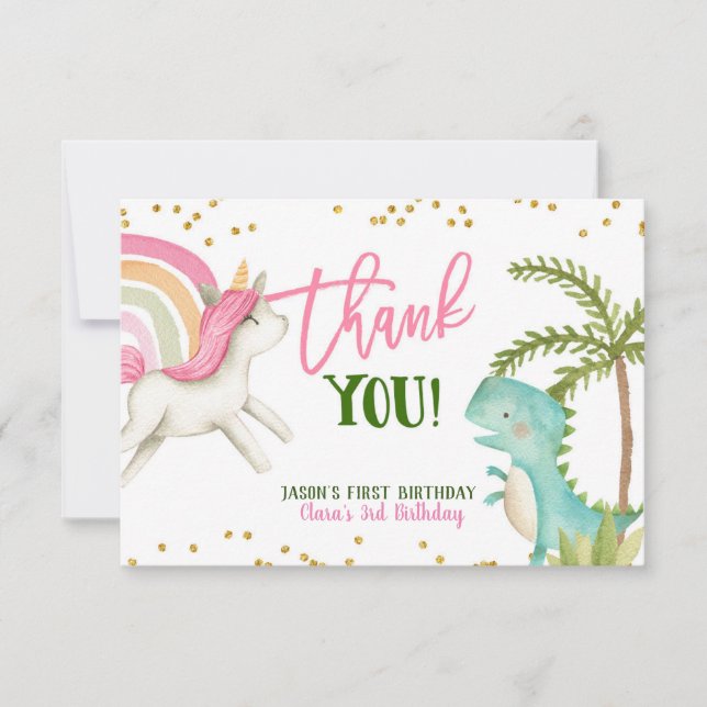 Dinosaurs and Unicorns Birthday Thank You Card (Front)