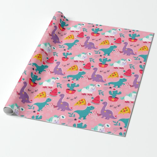 Dinosaurs And Unicorns Christmas Pattern Wrapping Paper