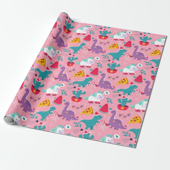 Dinosaurs And Unicorns Christmas Pattern Wrapping Paper (Unrolled)