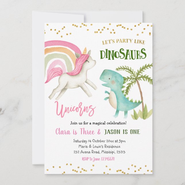 Dinosaurs and Unicorns Sibling Birthday Invitation (Front)