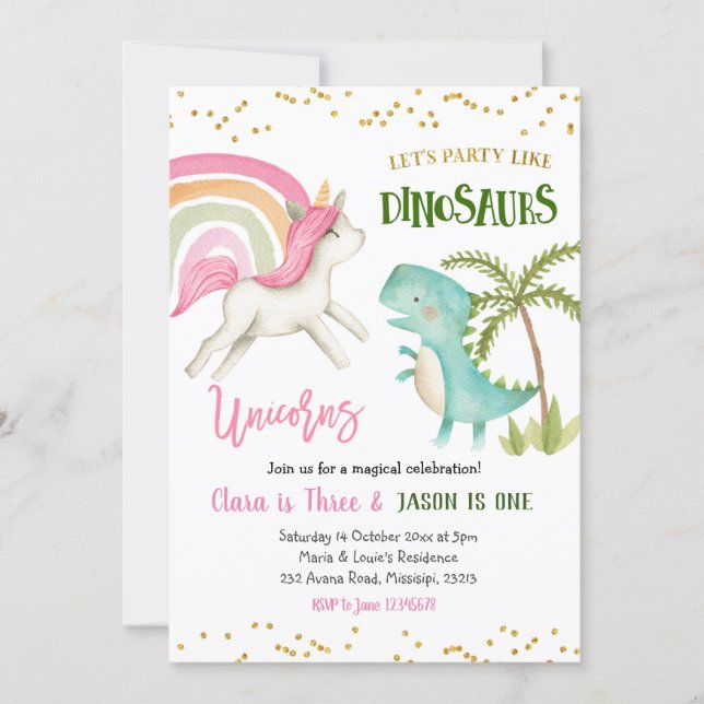 Dinosaurs and Unicorns Sibling Birthday Invitation (Front)