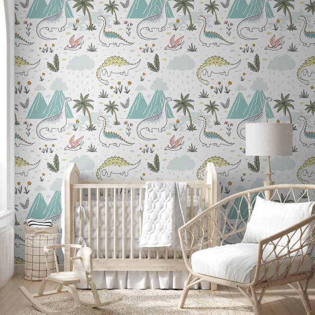Dinosaurs and Volcanos Baby Nursery  Wallpaper (Kids)