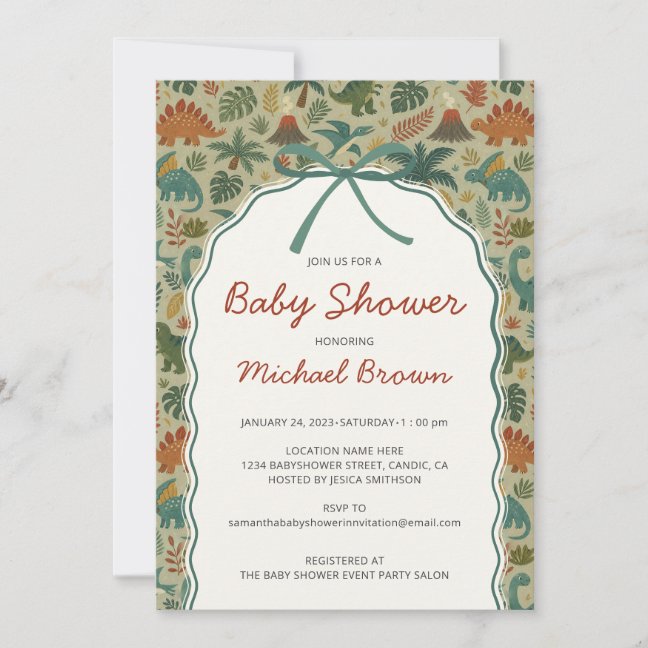 Dinosaurs Arch Ribbon Baby Shower Invitation