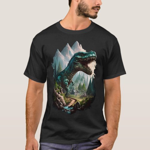 Dinosaurs at Jurassic park with mountain views  T_Shirt