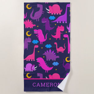 Dinosaurs At Night Pink Purple Girls Personalized Beach Towel