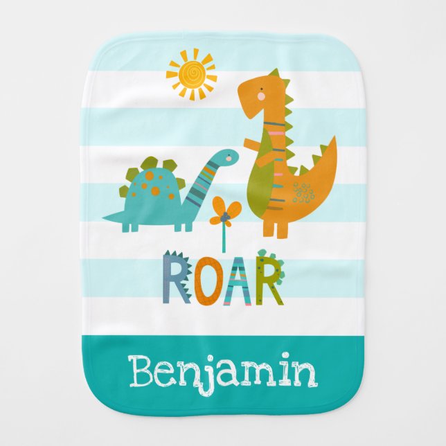 Dinosaurs Baby Boy Turquoise Stripes Cute Kawaii Burp Cloth (Front)
