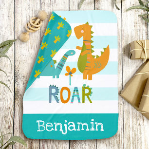 Dinosaurs Baby Boy Turquoise Stripes Cute Keepsake Blanket