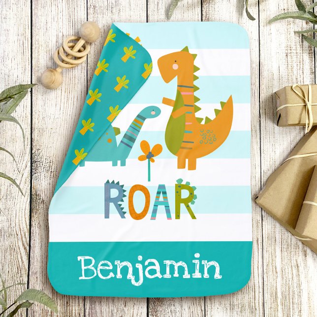 Dinosaurs Baby Boy Turquoise Stripes Cute Keepsake Blanket (Creator Uploaded)