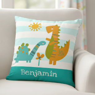 Dinosaurs Baby Boy Turquoise Stripes Kawaii Name Throw Pillow