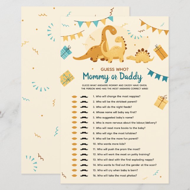 Dinosaurs Baby Shower Guess Who Mommy or Daddy (Front/Back)
