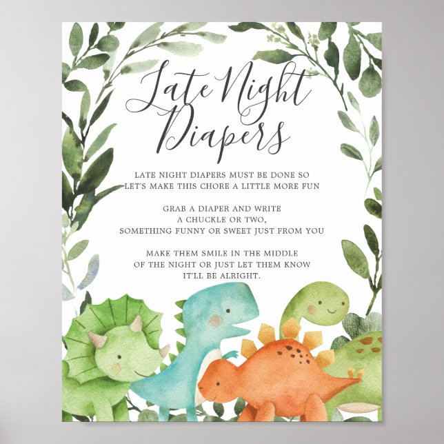 Dinosaurs Baby Shower Late Night Diapers Sign (Front)