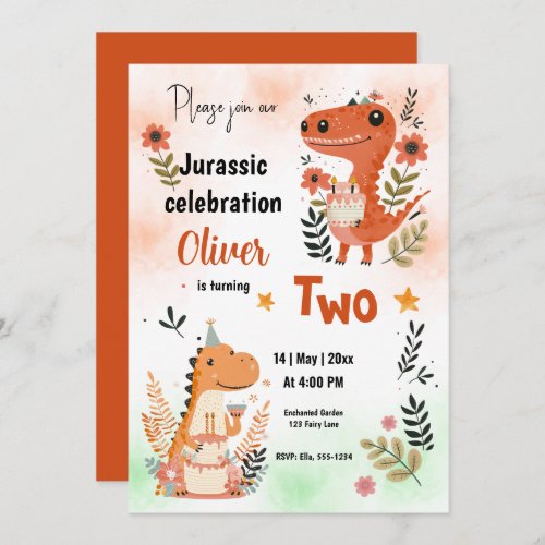 Dinosaurs Birthday Celebration Orange Watercolor  Invitation