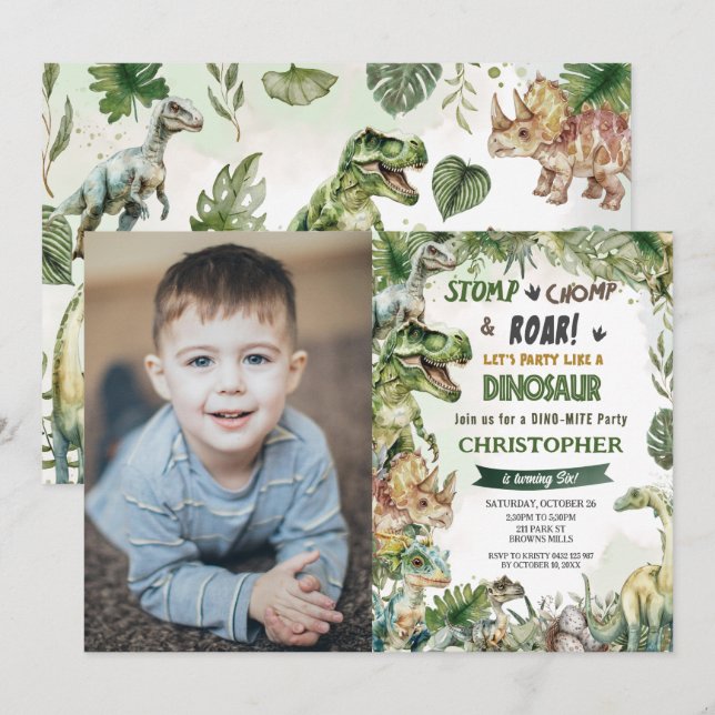 Dinosaurs Birthday Party Stomp Chomp Roar Photo Invitation (Front/Back)