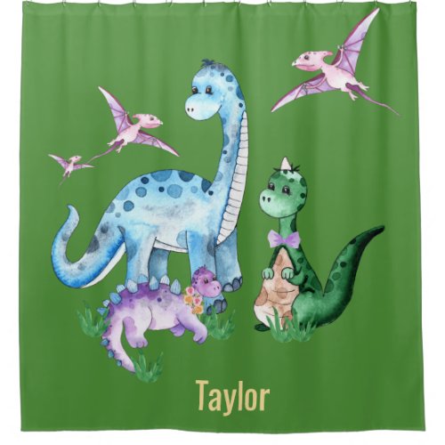Dinosaurs Blue Purple Green Kids Name Custom Shower Curtain