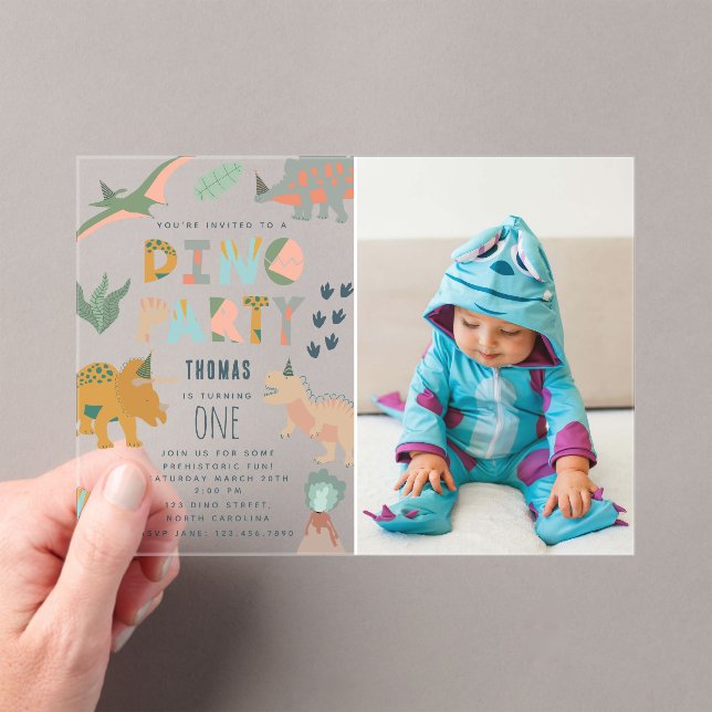 Dinosaurs Boho Dino Party Animals Birthday Photo Acrylic Invitations (Insitu (Handheld))