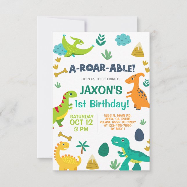 Dinosaurs boy a-roar-able 1st birthday invitation. invitation (Front)