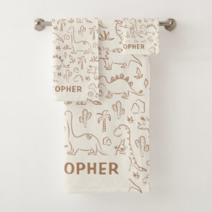Dinosaurs Boy Name Dino Cute Jungle Boho Beige Bath Towel Set