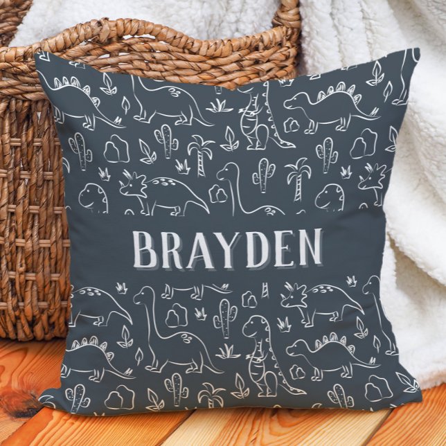 Dinosaurs Boy Name Dino Cute Jungle Dark Blue Throw Pillow (Creator Uploaded)
