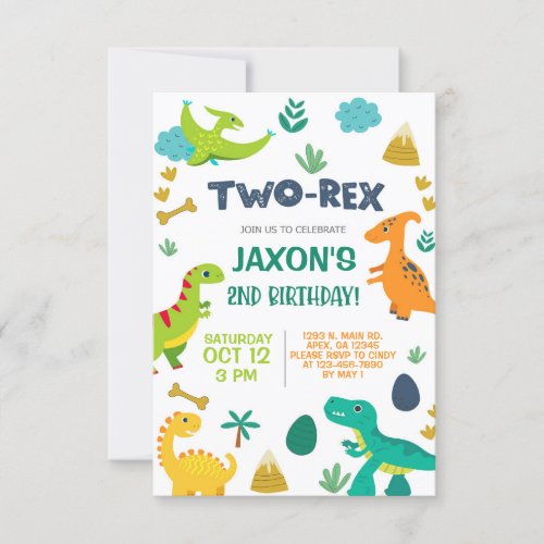 Dinosaurs boy TWO_REX 2nd birthday invitation Invitation