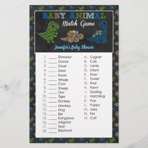 Dinosaurs Chalkboard Baby Shower Animal Match Game