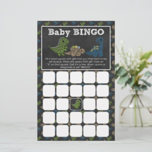 Dinosaurs Chalkboard Baby Shower Game BINGO Cards (Standing Front)