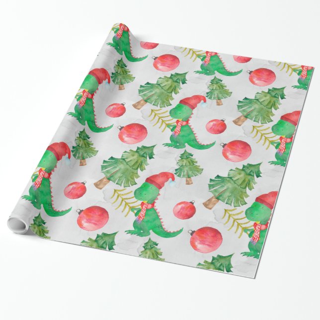 Dinosaurs Christmas pattern Wrapping Paper (Unrolled)
