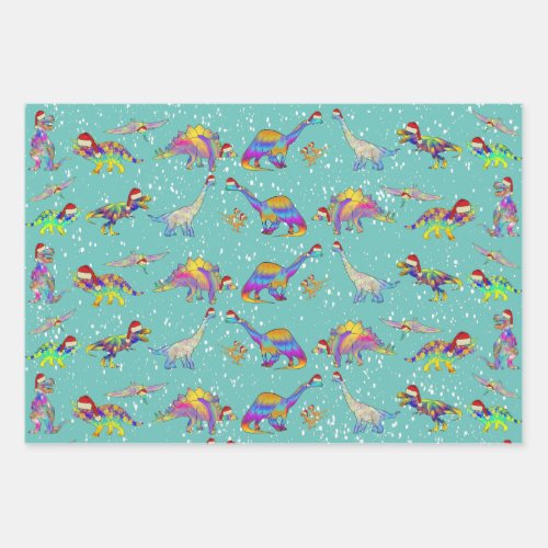 Dinosaurs Christmas Pattern Wrapping Paper Sheets