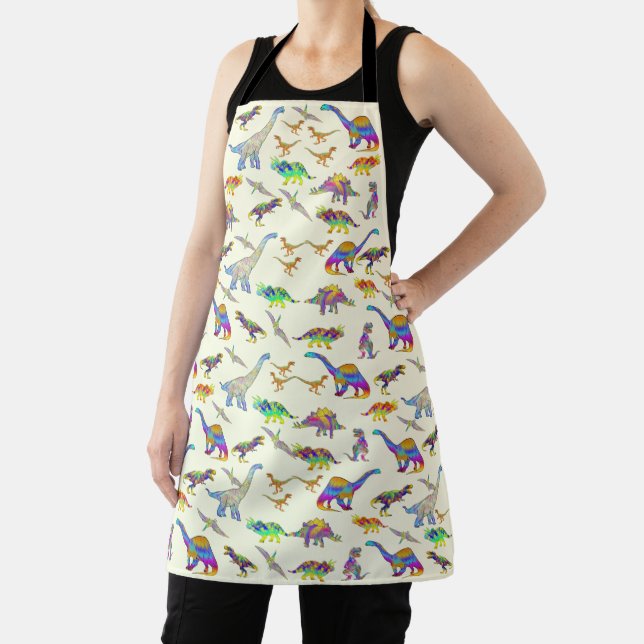 Dinosaurs colorful psychedelic fun pattern apron (Insitu)
