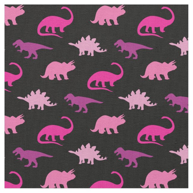 Dinosaurs Cute Silhouettes Pink Girls Kids Fabric (Close Up)