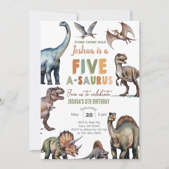 Dinosaurs Five A-Saurus boy 5th birthday invite. Invitation (Front)