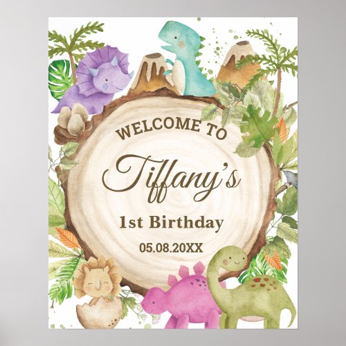 Dinosaurs Girl 1st Birthday Baby Shower Welcome  Poster