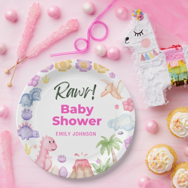  Dinosaurs Girl Baby Shower Paper Plates (Party)