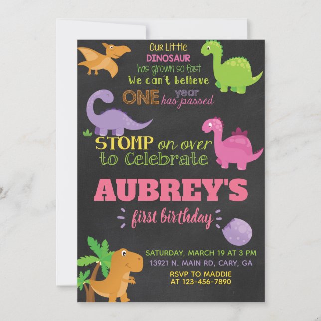 Dinosaurs girl birthday invitation, dino Invite. Invitation (Front)