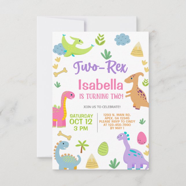 Dinosaurs girl TWO-REX 2nd birthday invitation. Invitation (Front)