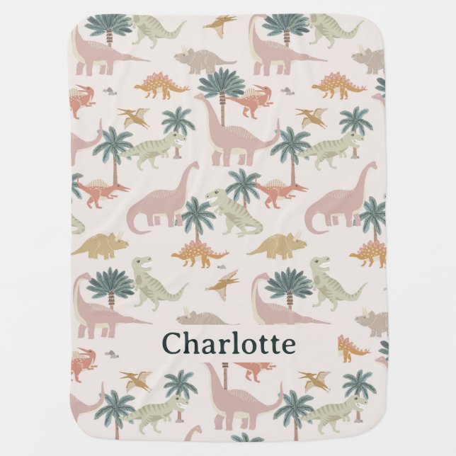 Dinosaurs Girl's Personalized Name Baby Blanket #3 (Front)