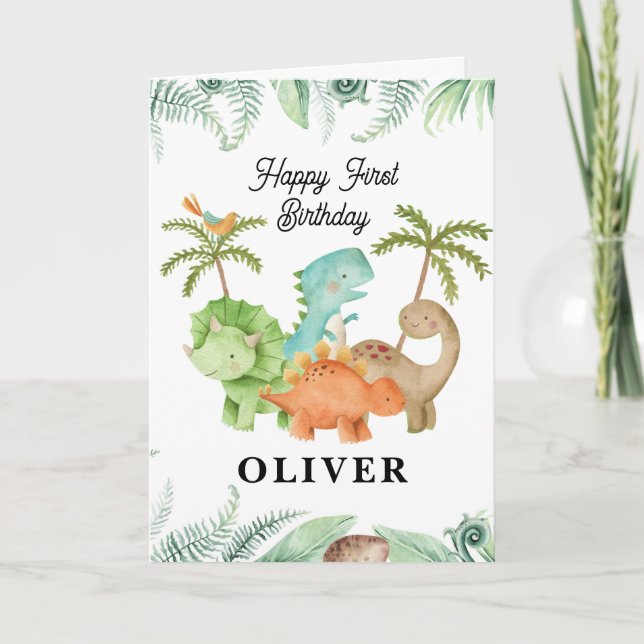 Dinosaurs Happy 1st Birthday Greeting Card (Front)
