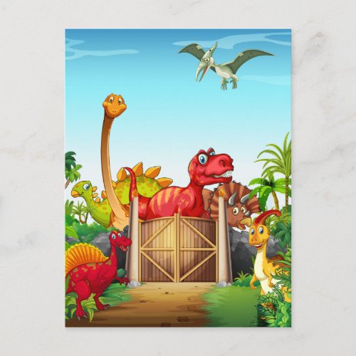 Dinosaurs in a dino park postcard