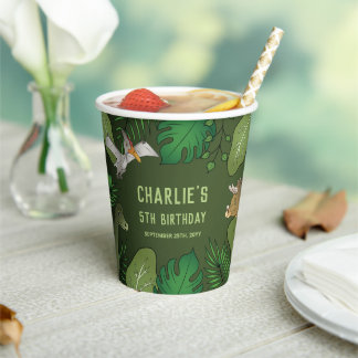 Dinosaurs In Jungle Green Personalizable Birthday Paper Cups