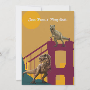 Dinosaurs in Love City Bridge Scenery Wedding Invitation